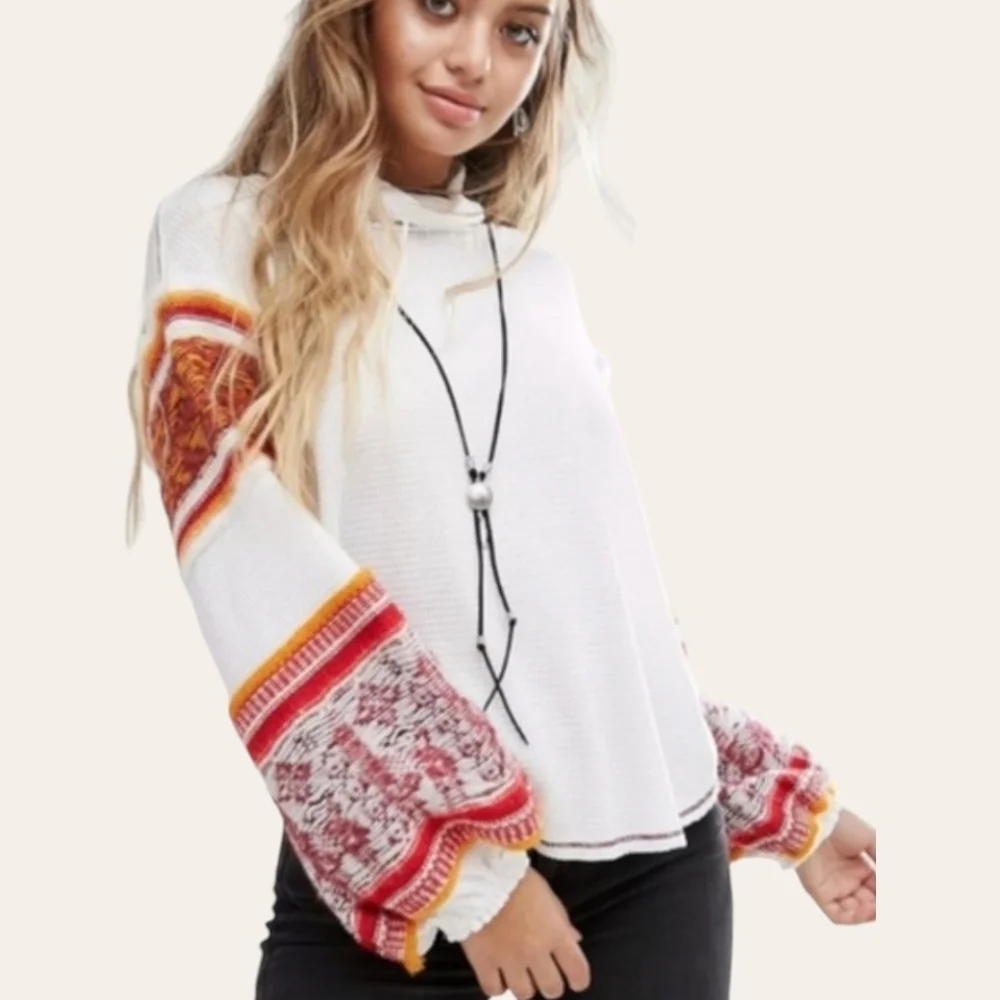 Free People Oversized Waffle Mock‎ Northern Lights Sweater Mock Neck Tunic Sz XS